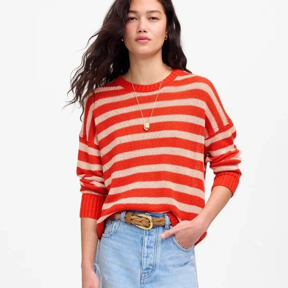 Madewell NU918 Linen Drop Shoulder Striped Lightweight Open Weave Sweater Large - Picture 1 of 7